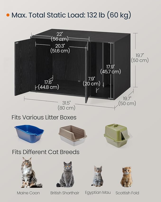 SONGMICS Home Cat Litter Box Enclosure, Particleboard Hidden Litter Furniture, Tool-Free Assembly, 31.5 x 19.7 x 19.7 Inch, Black Discreet Cat House, Kadin Collection UPCL013B03S