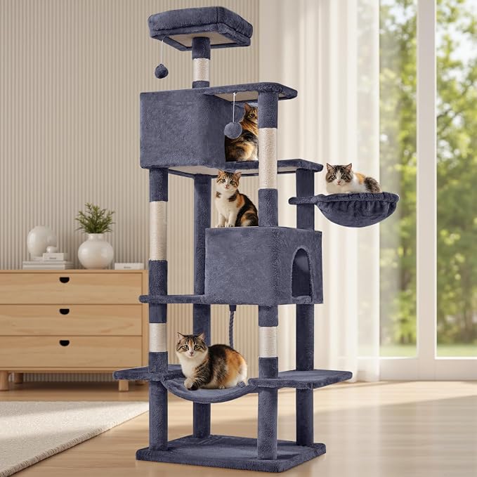 Sweetcrispy 66 Inch Cat Tree Tower for Indoor Cats and Kittens, Dark Grey | Multi Level Cat Climbing Tower with Natural Sisal Scratching Posts, Hammock, Pet Condo