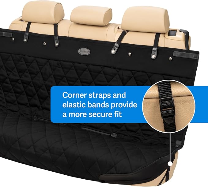 PetSafe Happy Ride Quilted Dog Car Seat Cover, Bench, Black | Seat Cover for Back Seat, Scratch-Resistant, Adjustable Straps and Elastic Panels, Machine Washable, Seatbelt Access Zippers