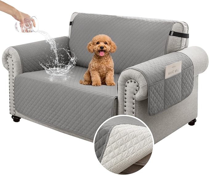 100% Waterproof Couch Cover for Dogs with Non-Slip & Side Pockets 46", Furniture Protector Sofa Covers, Washable Cushion Covers for Pets Kids Cat-Small Loveseat Newgrey