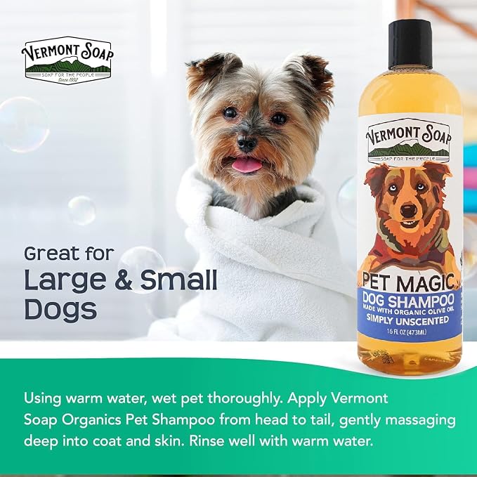VERMONT SOAP Organic Pet Shampoo, Unscented Natural Dog Shampoo, 16 oz | Unscented organic olive oil, coconut & aloe vera, sensitive skin care, USDA certified , fragrance free, dog shampoo grooming