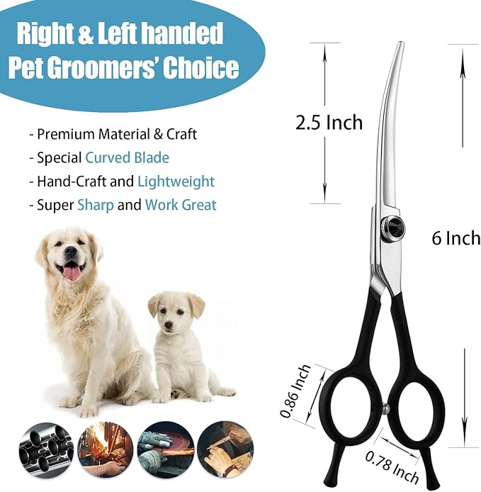 Dog Grooming Scissors - 6" Downward Curved Grooming Scissors | Downward Curved Safety Blade, for Trimming Face and Paws, for Dogs and Cats, Sharp and Precise, Ambidextrous, Black