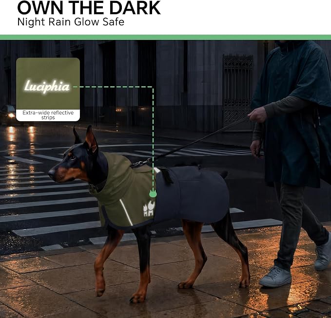 Luciphia Dog Raincoat, Adjustable Hooded Reflective Jacket with Pocket | Olive Navy X-Large dog rain jacket with leash hole, buckle-on, non-stick fur. For daily walks