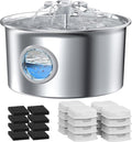 Pet Water Fountain Stainless Steel: Cat Fountain with 8 Filters & 8 Sponges | 88oz/2.6L Automatic Cat Watering Dispenser Bowl with Water Level Window - IHOUONE Quiet Fountains for Cats & Dogs Owners