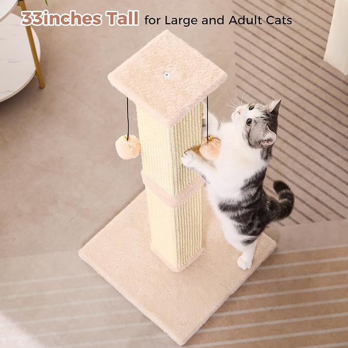 Tall Cat Scratching Post 33” Heavy Duty Sisal Scratcher Post | Modern Cat Scratching Post with Heavy Duty Base for Sturdy, Large 33" Vertical Sisal Rope Post & 2 Cat Toy Balls for Cats