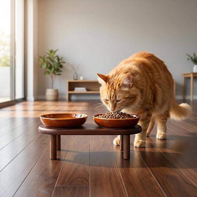 SPUNKYJUNKY Extra Wide Elevated Ceramic Cat Bowl with Acacia Wood Stand Whisker Friendly (Cat Paw Pattern, Brown)