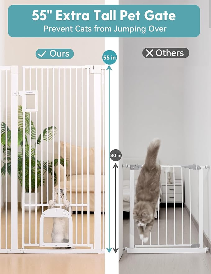 No Pawblems 55" Extra Tall Pet Gate with Cat Door, 29"-43" Dog Gate Indoor | NO Drilling Pressure Mounted for Doorways/Hallways, 1.37" Bar Spacing Keeps Pets Separated, One-handed Operation, White