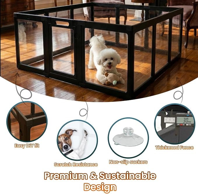 Transparent Indoor Dog Playpen with Safety Lock, Indoor Dog Fence for Small & Medium Pets | Secure, Stylish, Easy Clean Play Pen for Dogs & Pets with Scratch Resistant Panels (Black, 8 Panel)