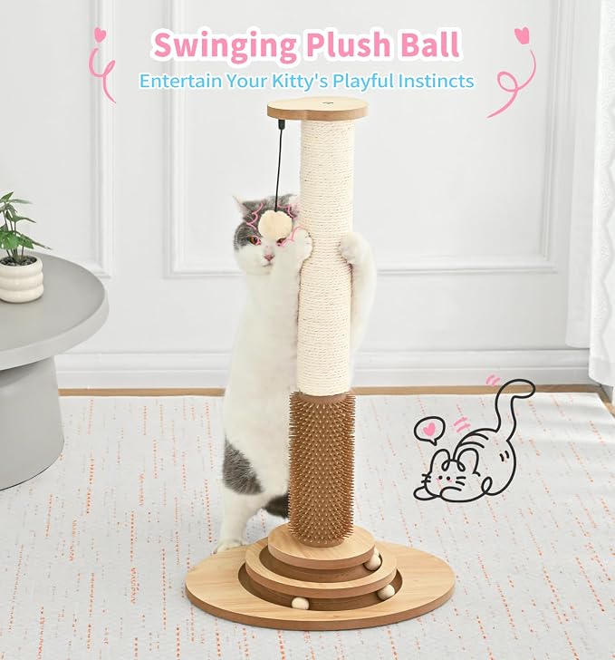 Made4Pets Cat Scratching Post for Indoor Cats with Self Groomer, 28.3" | Cat Scratcher with Natural Sisal Rope, Stable Base and Interactive Ball Track, Cat Toys for Medium and Large Indoor Cats