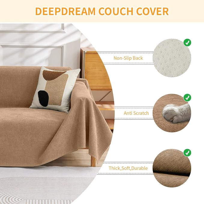 Deep Dream Cat-Scratch Resistant Couch Cover, Waterproof Sofa Cover for 2 Cushion Couch Washable, Pet Friendly Couch Protectors Anti Slip Thickened Slipcovers for Dogs Pets, 71" x 102", Brown