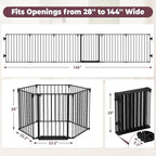 144" Extra Wide Baby Gate with Door, Configurable Baby Fence | Fireplace Gate with Anti-Trip Pedal, Family Essentials Safety Gate for Child Dogs Pets, 28'' Tall 6 Panels Black