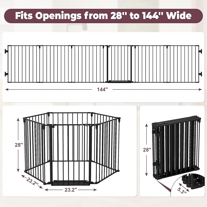 144" Extra Wide Baby Gate with Door, Configurable Baby Fence | Fireplace Gate with Anti-Trip Pedal, Family Essentials Safety Gate for Child Dogs Pets, 28'' Tall 6 Panels Black