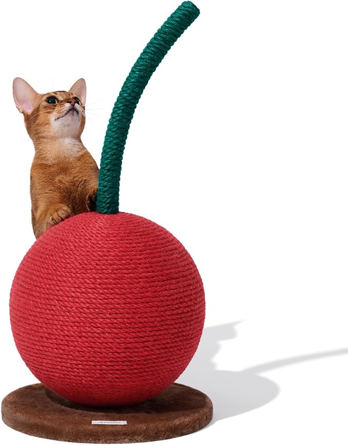 VETRESKA Cherry Cat Scratching Post, 22.64" Tall Cat Scratcher with Jute Rope Ball, Vertical Cat Scratch Post Claw Scratchers for Indoor Cats, Kitten Supplies | Vertical Cat Scratch Post Claw Scratchers for Indoor Cat and Kitten