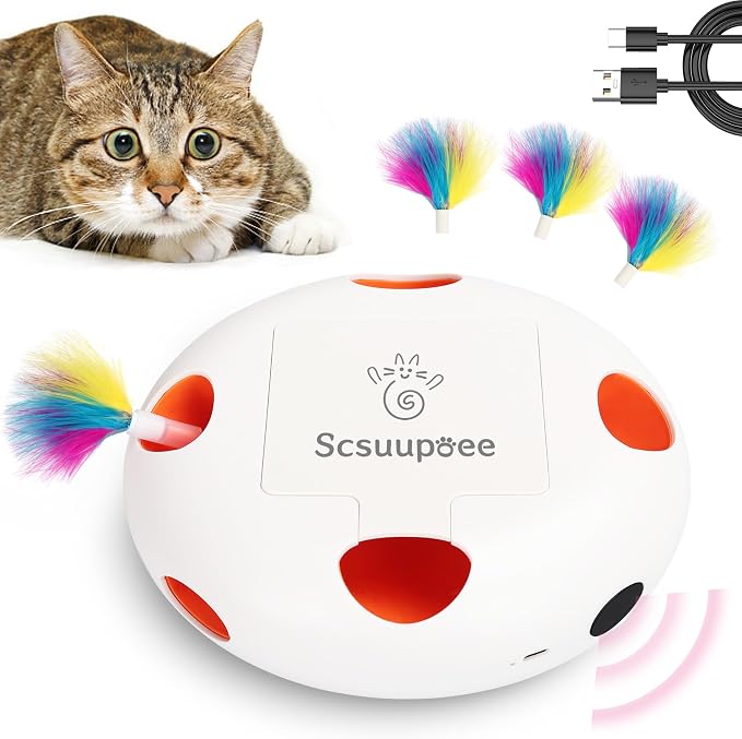 Cat Toys, Rechargeable Interactive Cat Toy, Smart Sensor Pop-Up Feather Toy with 7 Holes, USB Powered Automatic Kitten Toy for Indoor Cats, White | Smart Sensor Pop-Up Feather Toy with 7 Holes USB Powered Automatic Kitten Toy for Indoor Cats