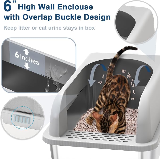 Suzzipaws Stainless Steel Sifting Litter Box with Lid for Pine Pellets | 19.7"x13.8"x5.9" High-Sides Anti-Leakage Sifting Litter Box, Stainless Steel Surface for Easy-Clean, Less Litter Tracking