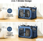 Extra Large 2-Cat Foldable Pet Travel Carrier,24"x17"x17",Blue | Removable Divider, Metal Frame Support, Breathable Mesh Panels, With Storage Tote & Padded Straps