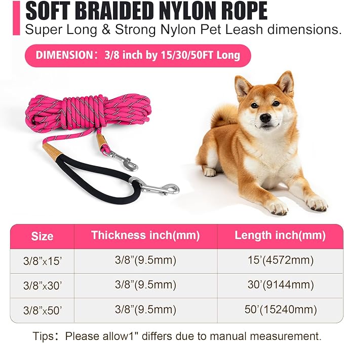lynxking Long Dog Leash Reflective 15FT 30FT 50FT Check Cord Dog Training Leash Padded Handle Heavy Duty Puppy Rope for Small Medium Large Dog