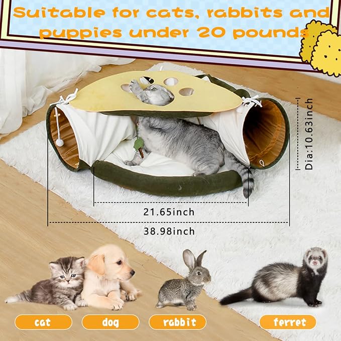 LEFTSTARER 2-in-1 Collapsible Cat Tunnel for Indoor Bed and Hideout - Pet Dog Rabbit Bunny Ferret Tunnel Tubes Toys with Removable Washable Mat, Tower Wheel Stuff
