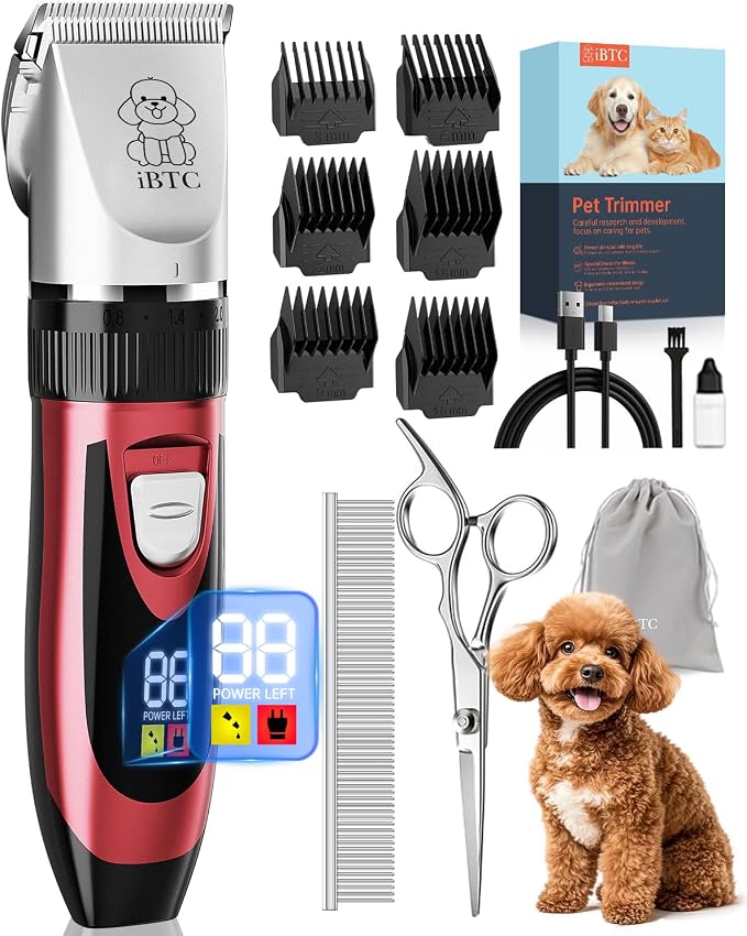 iBTC Dog Shaver Clippers Low Noise Rechargeable Cordless Electric Quiet Hair Clippers Set for Dogs Cats Pets Features a Ceramic Blade Head that is Removable (red)