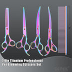 7.0in Titanium Professional Pet Grooming Scissors Set, GEMEK 6 in 1 Straight & Thinning & Upwards Curved & Downwards Curved Scissors & Comb for Dogs, Cats (Rainbow)