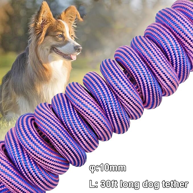 BTINESFUL 8ft 12ft 20ft 30ft 50ft 75ft Dog Tie Out Rope Leash, Long Tether Outdoor Yard Leash- Large Medium Dogs Training, Playing, Camping, Backyard Dog Lead (Pink Blue, 30 Foot)
