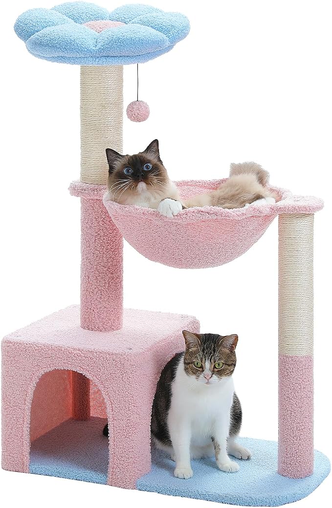 MUTTROS Flower Cat Tree with Large Metal Frame Hammock, 35" Pink Cat Tower with Sisal Scratching Posts for Small Indoor Cats, Cat Condo with Blue Top Perch for Kittens, Fluffy Ball, Pink