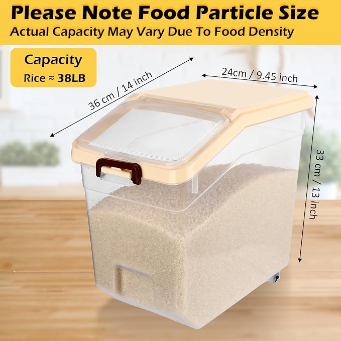 4 Pcs Rice Storage Containers Bulk Flour Sugar Container Wheels Measuring Cups Set Airtight Pet Dog Cat Birds Food Bin Grain Cereal Organizer Box for Dry Baking (Beige,38 lb)