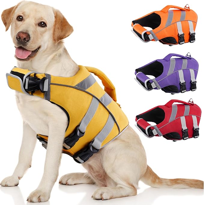 Kuoser Adjustable Life Jacket with Reflective Stripes, High Visibility Dog Vest - Ripstop Dog Lifesaver for Small, Medium, Large Dogs | Adjustable Pet Lifejackets, High Flotation Doggie Swimsuit with Rescue Handle for Small Medium Large Dogs