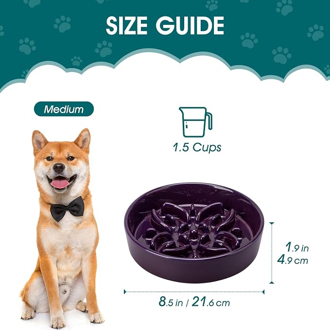 vancasso Ceramic Slow Feeder Dog Bowls, Puzzle Dog Food Bowls with Floral Maze, Anti -Slip Pet Food Dish for Medium Breed, 1.5 Cups, Purple