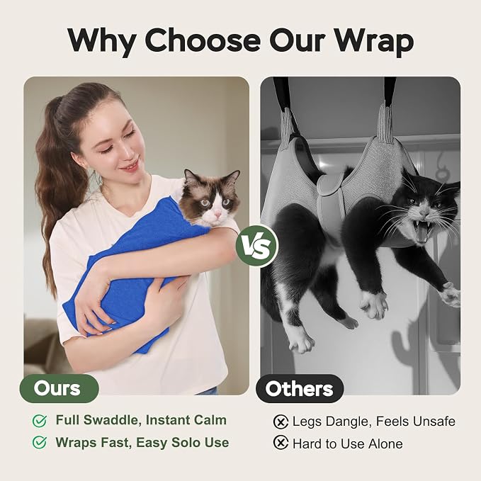 Cat Wrap for Cutting Nails, Self-Adhesive Cat Nail Clipping Restraint Bag, Anti-Scratch Cat Grooming Wrap Swaddle for Meds, SubQ Fluids, Ear Cleaning, Teeth Brushing & Vet Visits,Blue,L