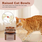 SPUNKYJUNKY Extra Wide Elevated Ceramic Cat Bowl with Acacia Wood Stand Whisker Friendly (Cat Paw Pattern, Brown)