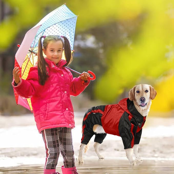 Dog Raincoat, 4 Leg Waterproof Dog Rain Jacket with Hood, Red XL | Rain Coat For Small Dogs, Doggy Poncho With Leash Hole, Snap Buttons, For Rainy Snowy Weather Walks, Hiking, Camping