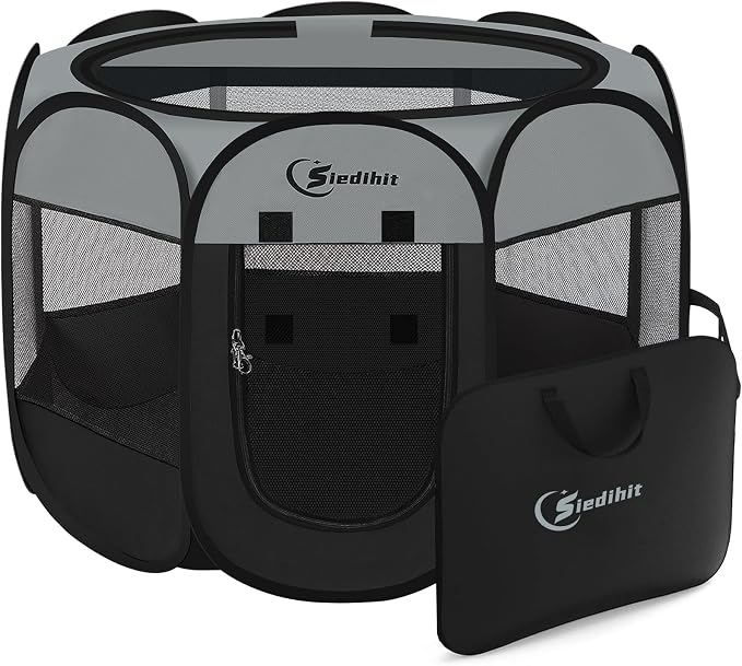 Siedihit Dark Grey Puppy Playpen for Large Dog Cat, Dogs Tent | Crates Cage Indoor/Outdoor, Portable Pop Up Dog Kennel with Carrying Bag for Rabbits(Dark Grey, Large )