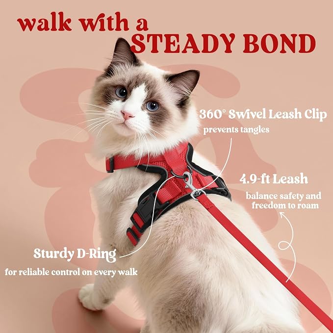 rabbitgoo Cat Harness and Leash Set, Escape Proof Vest, Red | Soft Breathable Mesh, Easy Adjustable Fit, Snap Buckles, Sturdy Clip, Reflective Strips, for Medium to Large Cats Walks, M