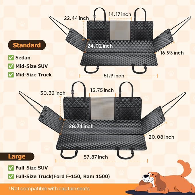 Hard Bottom Dog Car Seat Cover, Back Seat Extender for Dogs Holds 500lbs | Honeycomb board, Waterproof, Non-slip dog hammock for car SUV, Fits most cars, Dog seat belt, Mesh window & 2 storage pockets