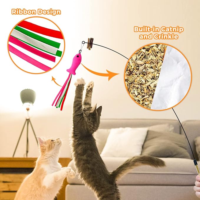 Cat Wand Toys with Silvervine and Bells, 2 Wands and 6 Refills | Includes 2 flexible wire wands and 6 feather and fish refills with silvervine, bells, catnip, and crinkle textures