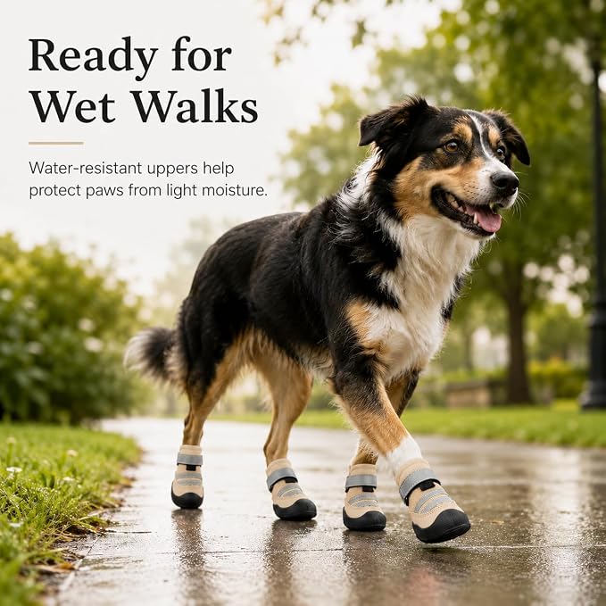 Dog Boots, Waterproof Dog Shoes with Reflective Straps, Rugged Anti-Slip Sole Paw Protectors for Medium Large Dogs, Breathable Pet Booties for Hot Pavement, Snow, Hiking, 4Pcs