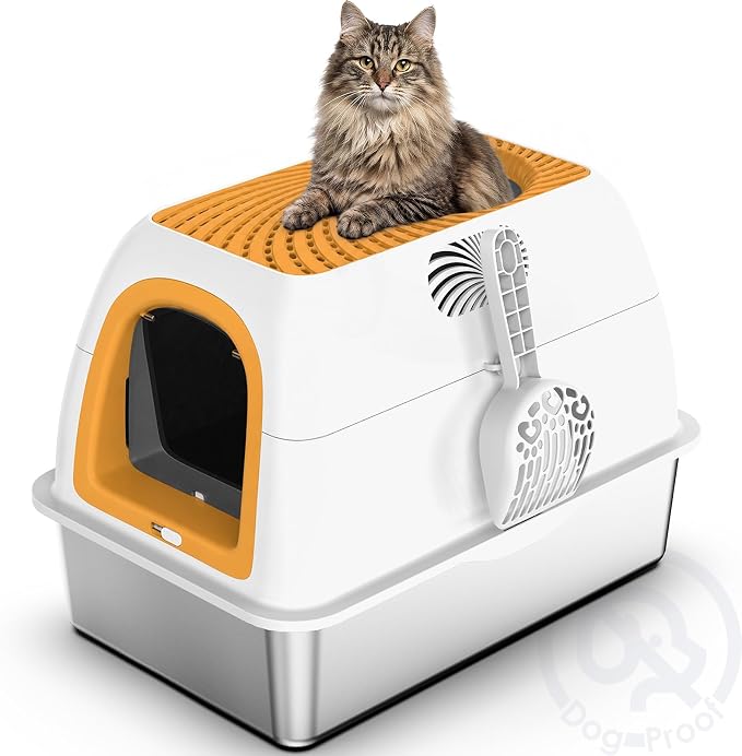 SuzziPaws Stainless Steel Litter Box Dog-Proof Leak-Proof for Multi-Cats | XL Orange Hooded Top-Entry with Filter Lid & Scoop, Cat Litter Box High Walls Prevent Spills, Ideal for Multi-Cats