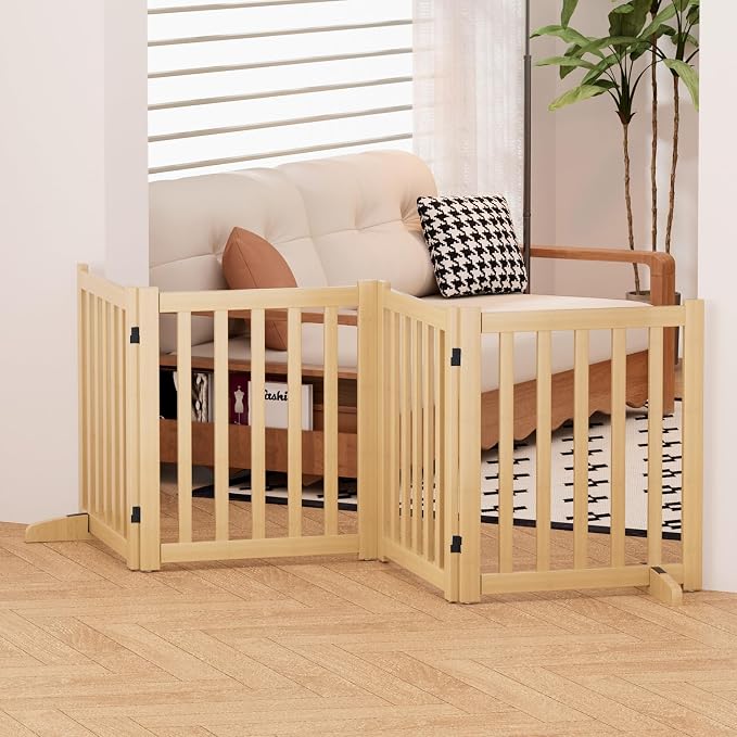 Wooden Freestanding Foldable Dog Gate, 24 Inch Height 4 Panel Pet Gate No Drill for Doorways Stairs, Fully Assembled Indoor Puppy Fence (Wood Color, 80" W x 24" H)