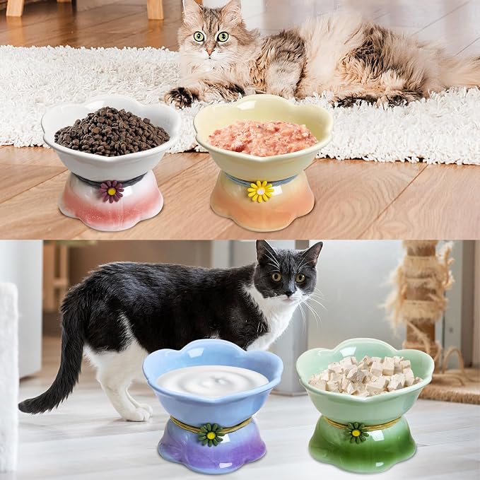 Kathson 4 Pcs Ceramic Raised Cat Food Bowls Elevated Kitty Bowl for Food and Water Anti Vomiting Tilted Cat Bowl for Kittens and Small Dogs Dishwasher and Microwave Safe (8.45 Ounces)