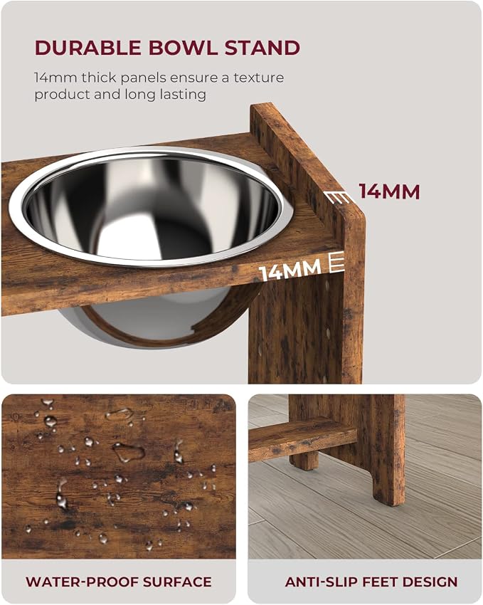 Vantic Elevated Dog Bowls, Adjustable Bowl Stand Medium, Rustic Brown | Particle Board Raised Dog Bowl Stand with 2 Stainless Steel Bowls for Medium Dogs