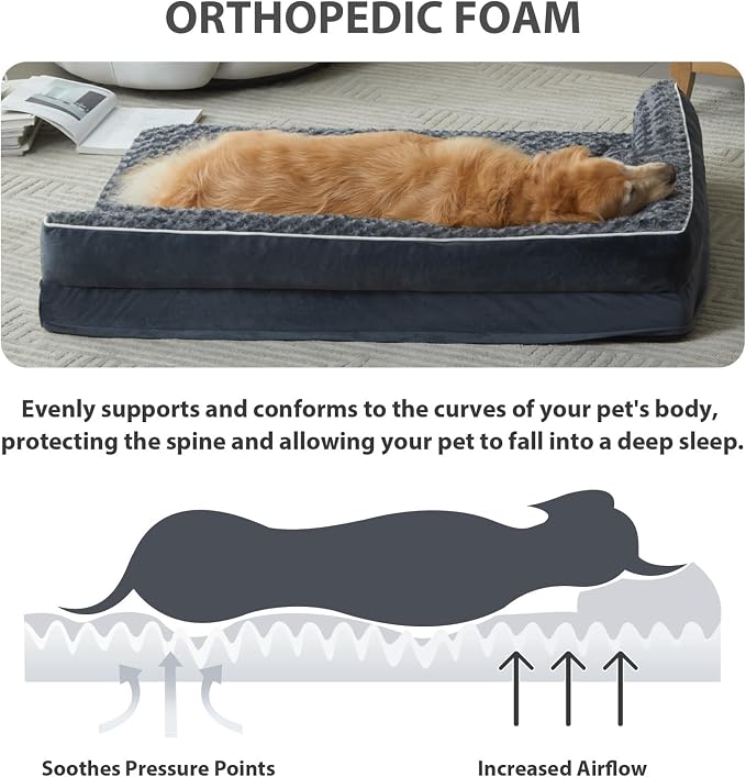 BFPETHOME Extra Large Orthopedic Dog Bed, L-Shaped Pet Bed for Dogs up to 100 lbs, Waterproof, Removable Washable Cover, Non-Slip Base, 48 x 35 x 7.5 inches, Dark Grey | Removable Cover, Waterproof Lining, Non-Slip Bottom, Large Pet Sofa with Sides, Co...