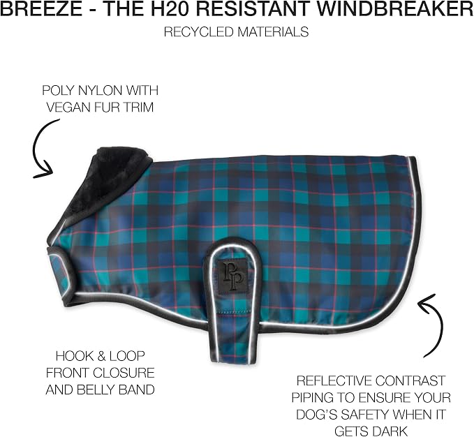 Pet Passion Breeze II - The Windbreaker, Water Resistant Pet Raincoat, Vegan Fur and Lined Pet Jacket for Small, Medium, Large Dogs, Black Watch Plaid, Medium (20-45 lbs)