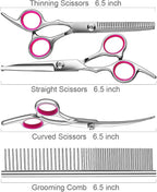 TINMARDA Dog Grooming Kit, Professional Stainless Steel Dog Grooming Scissors with Curved Shears, Pink Finger Rings - 4 Piece Sharp Durable Pet Shears for Dogs Cats At Home Salon-Quality Grooming