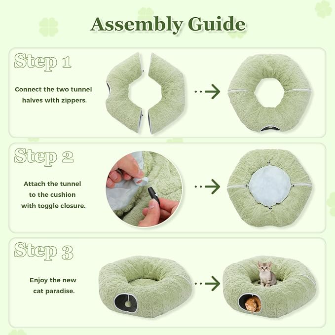 PEQULTI Green Donut Cat Tunnel Bed Washable Plush Mat for Multi Small Pets | Round play tube with soft detachable plush mat, multi-pet toy fit indoor cats, kittens, puppies, rabbits and ferrets