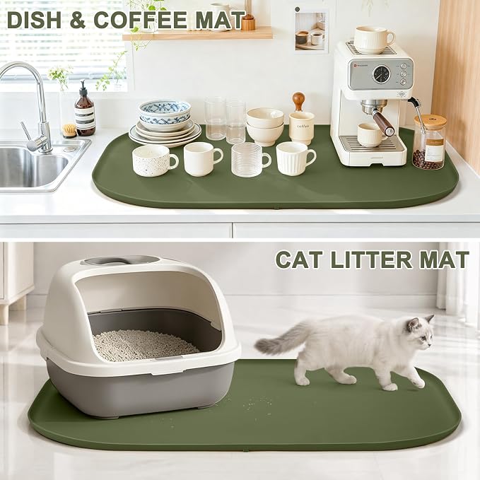 36" x 24" x 1" Extra Large Silicone Pet Food Mat with Raised Edge for Food and Water Bowl, Dog Feeding Mats, Cat Food Trays for Floor Waterproof, Rubber Tray for Dogs and Cats, Light Olive Green