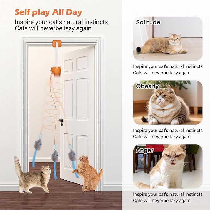 Interactive cat toy, Electric cat teaser, Door clip, 2 Motion modes,Gray | 360° Rotation • Random Jumping • Type-C Rechargeable • Door Clip Design • For Indoor Cats