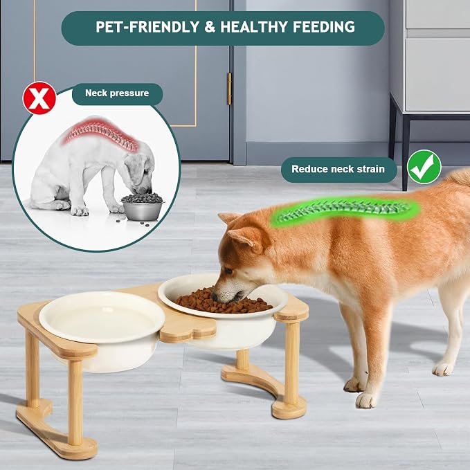 Elevated Ceramic Dog Bowls, Porcelain Raised Dog Bowl with Anti-Slip Stand, Pet Feeding Dishes for Medium Sized Dogs, Pet Feeder Bowl Set for Food and Water (6.3" Tall-28oz-Cream White)