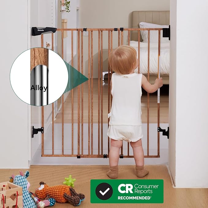 Babelio No Bottom Bar Baby Gate, 28" H x 26-43" W, Brown Wood Pattern | Easy Install| One-handed Opening| Auto-close| Drill Needed Indoor Safety Dog/Pet Gate for Stairs, Hallways & Doorways
