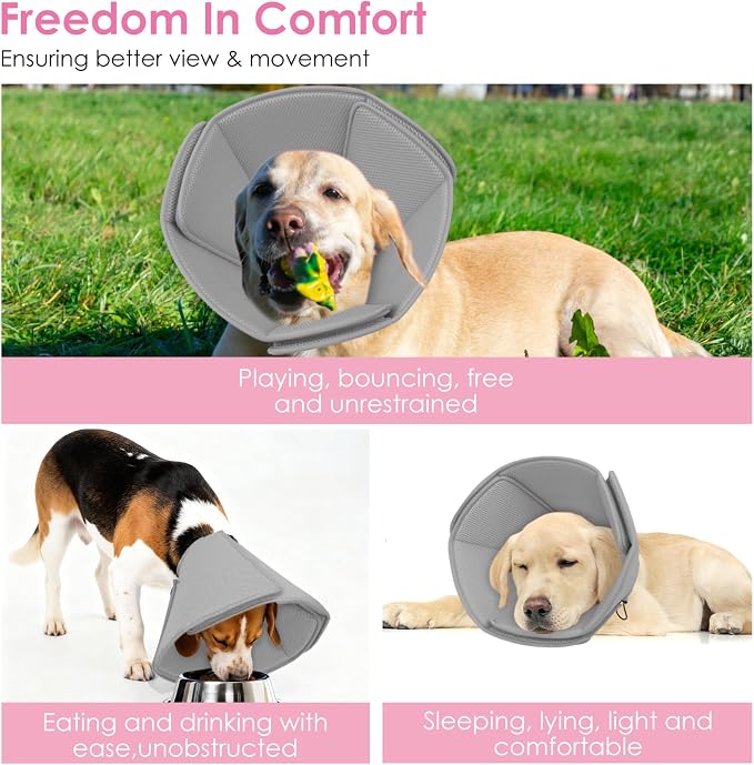 AOFITEE Soft Dog Cone Collar, Adjustable Cone for Dogs to Stop Licking, Dog Cones for Small Medium Large Dogs, Breathable Elizabethan Collar Wound Healing After Surgery(Grey,S)